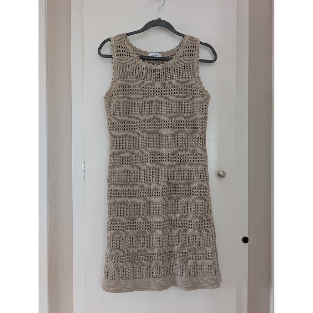 Calvin Klein Tan Cotton Open Knit Sleeveless Shift Dress Coastal Boho Summer M